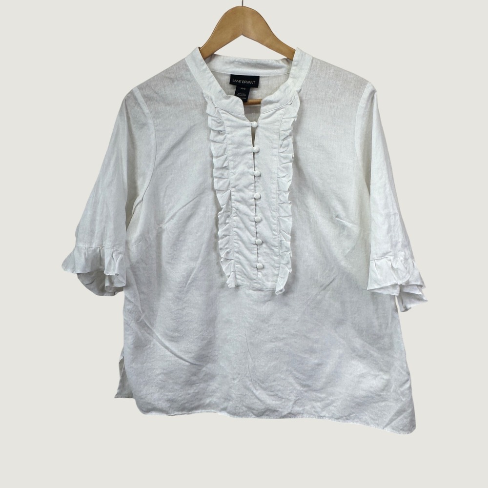 Lane Bryant Ruffle Blouse 14/16 White Linen Blend Boho Cottagecore Peasant Top
